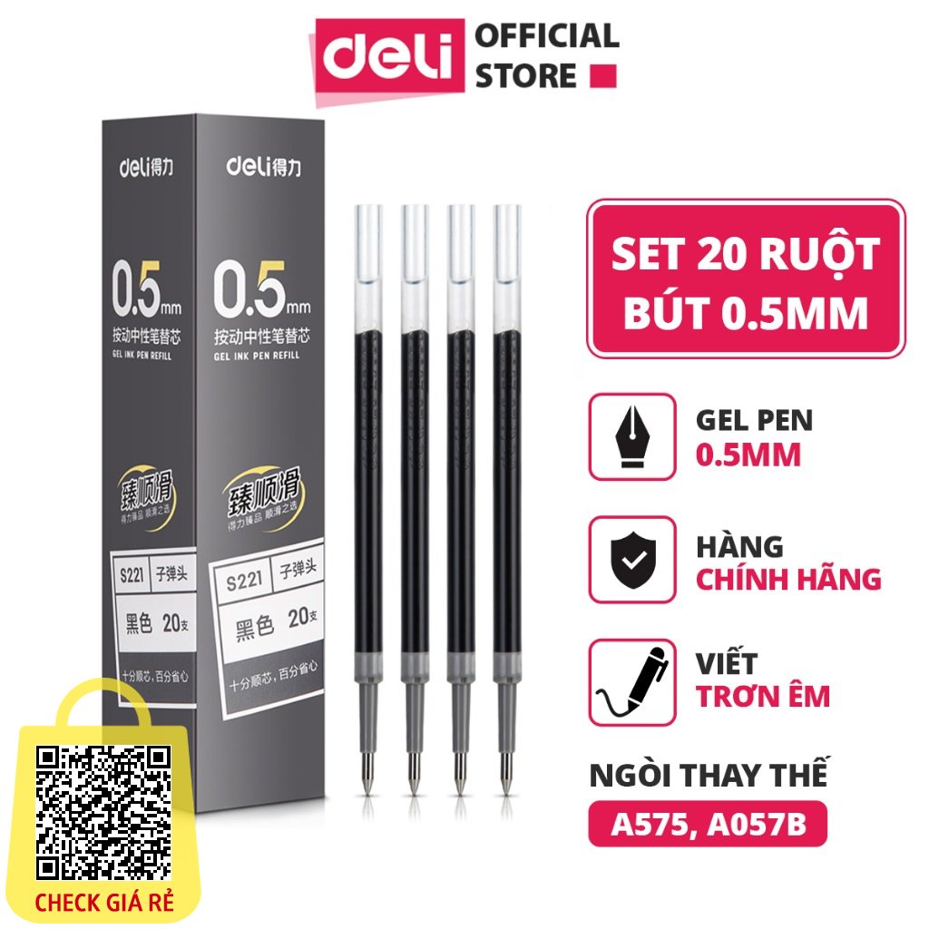 Combo 20 ruột bút gel S221 Deli 0.5mm cho bút bi nước A575 không gai viết trơn tru học sinh Văn phòng