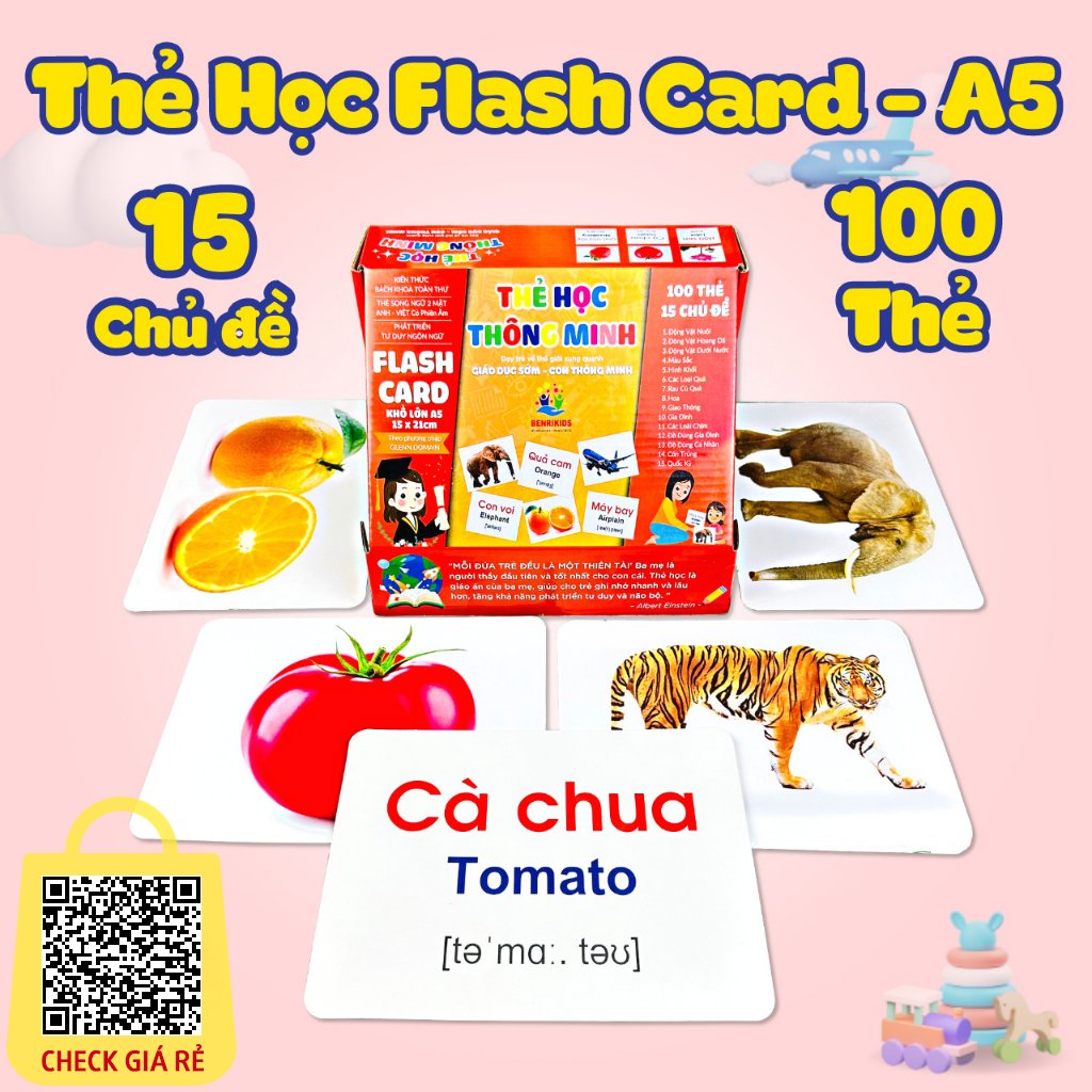 Thẻ Học 15 Chủ Đề 100 Thẻ Kích Thước Lớn 15x21cm Hình Ảnh Minh Họa Song Ngữ Anh Việt Cho Bé